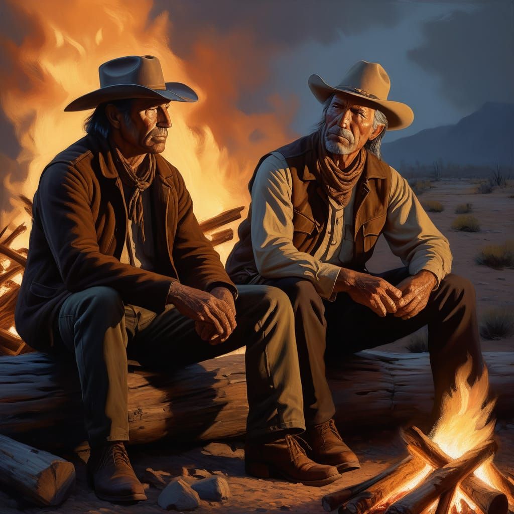Cowboy and Native American by Campfire Oil Painting