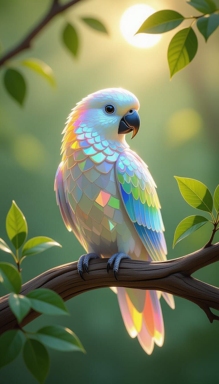 Crystal Parrot with Rainbow Reflections in Impasto Style