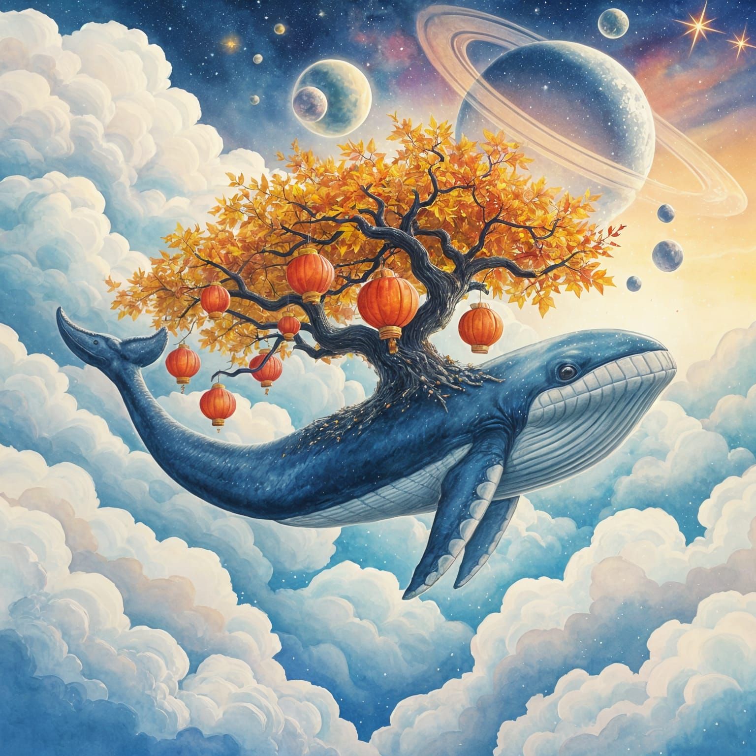 Fantasy Autumn Tree on Whale in Clouds