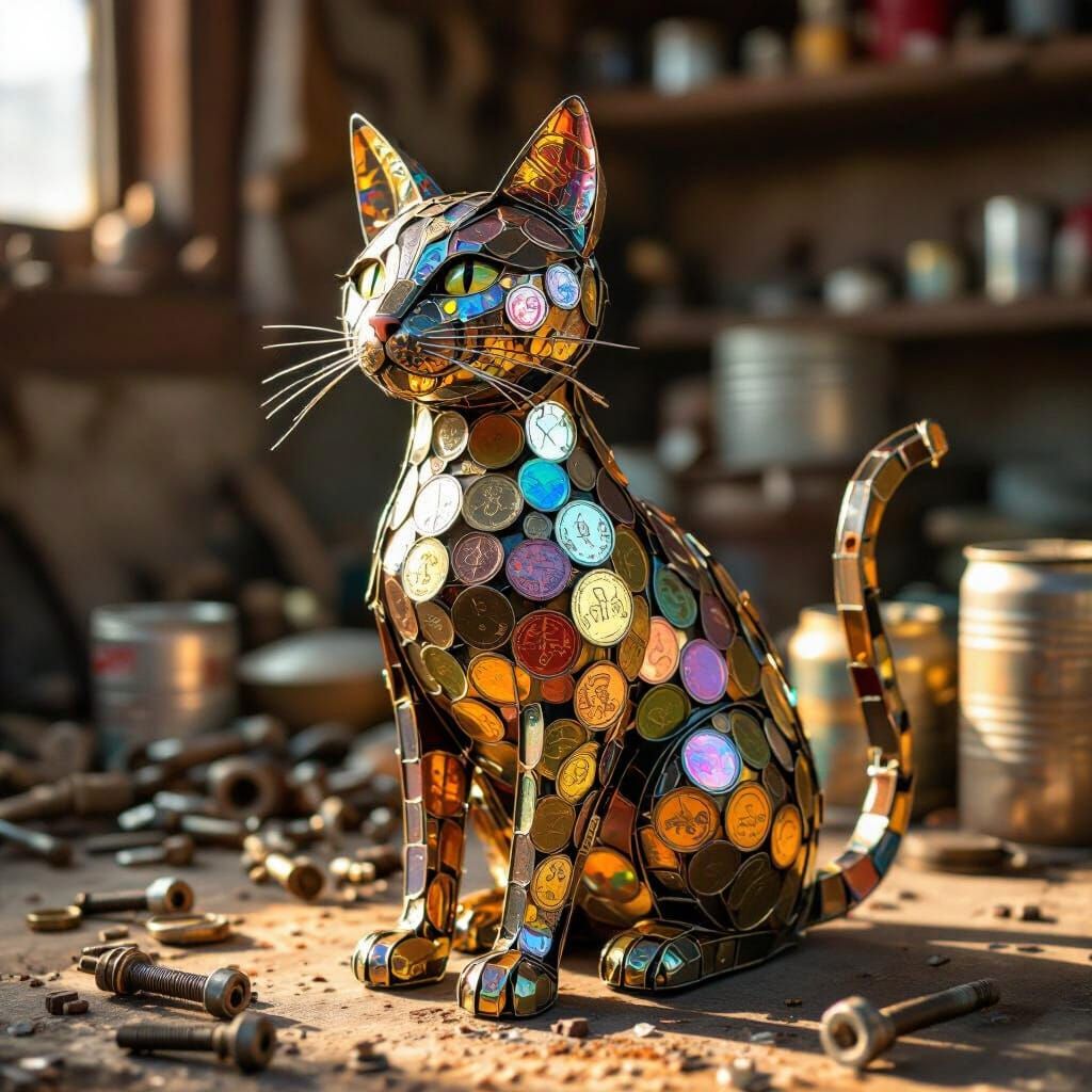 Assemblage Cat Sculpture Crafted from Coins and Metal Scraps
