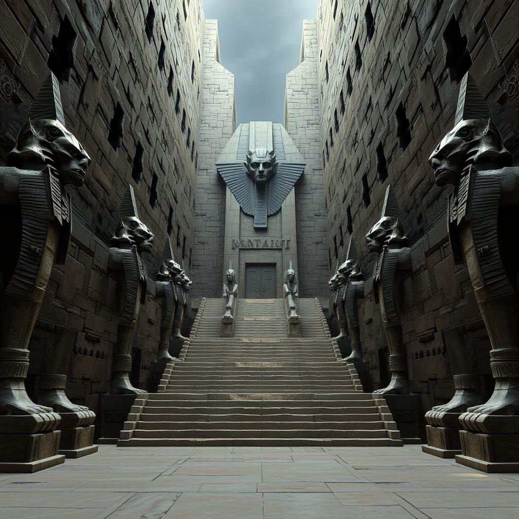 Brutalist Anubis Hallway with Cubist Statues and Mystical Pe...