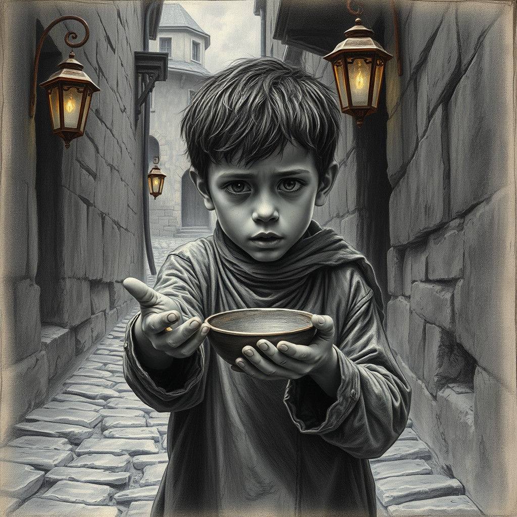 Desperate Boy Begging in Dark Alleyway, Charcoal Drawing