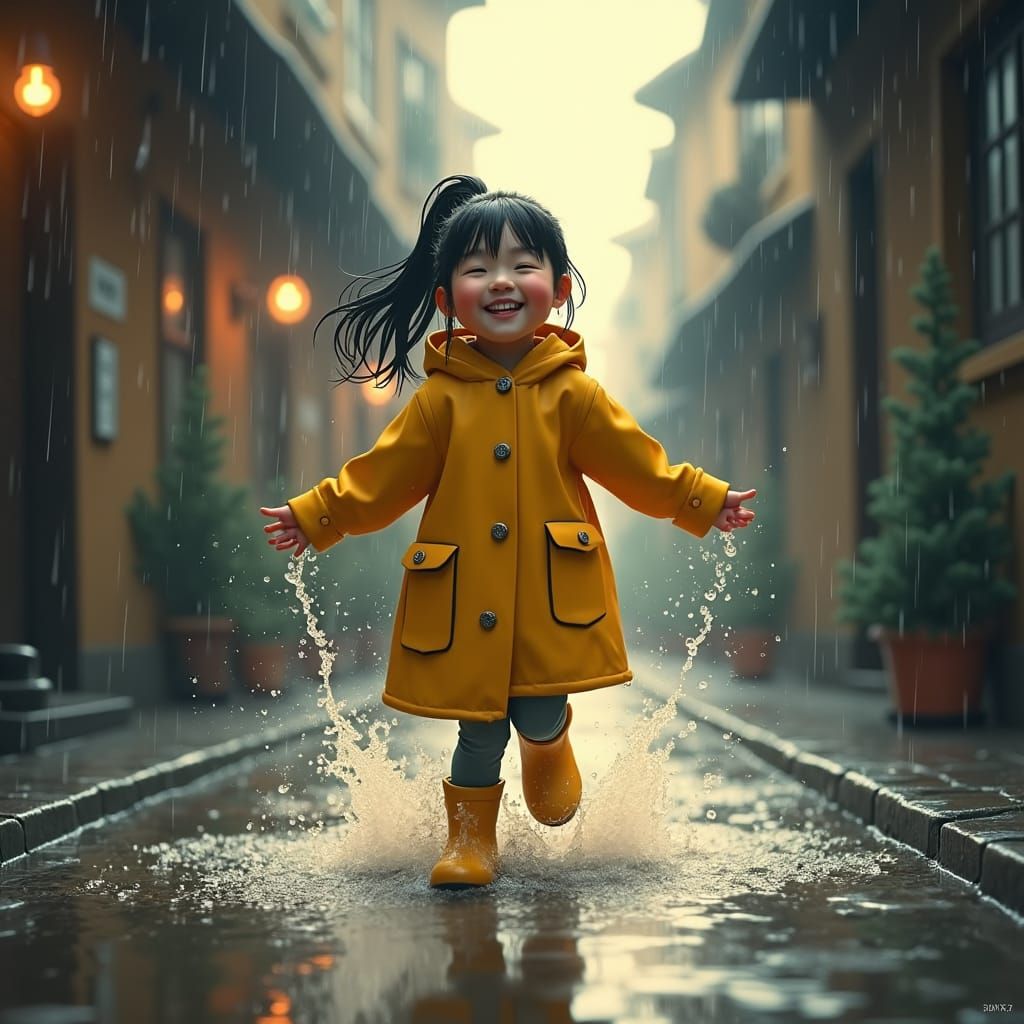 Woman in Yellow Splashes in Rainy Alleyway