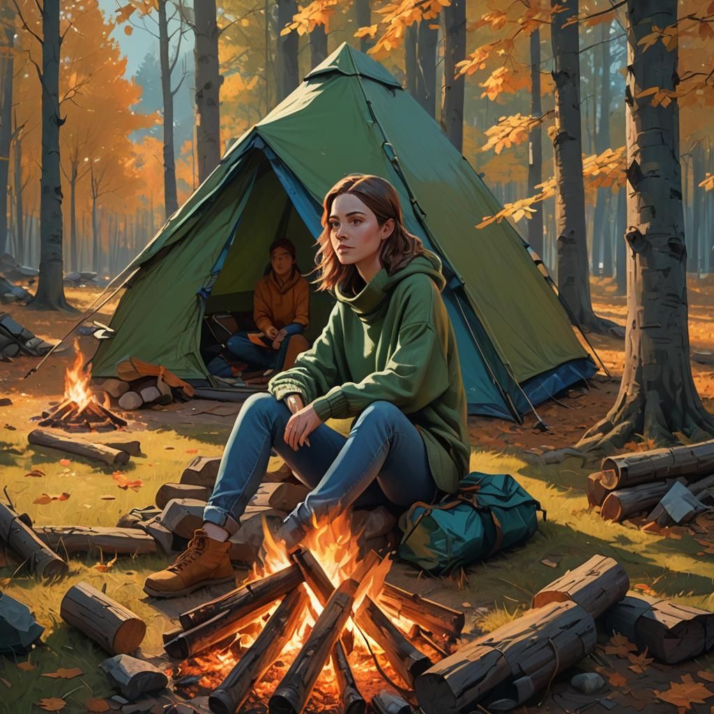 Fantasy Autumn Campfire Scene in Magical Realism Style