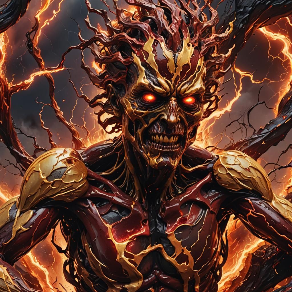 Surreal Humanoid Figure in Molten Cosmic Landscape