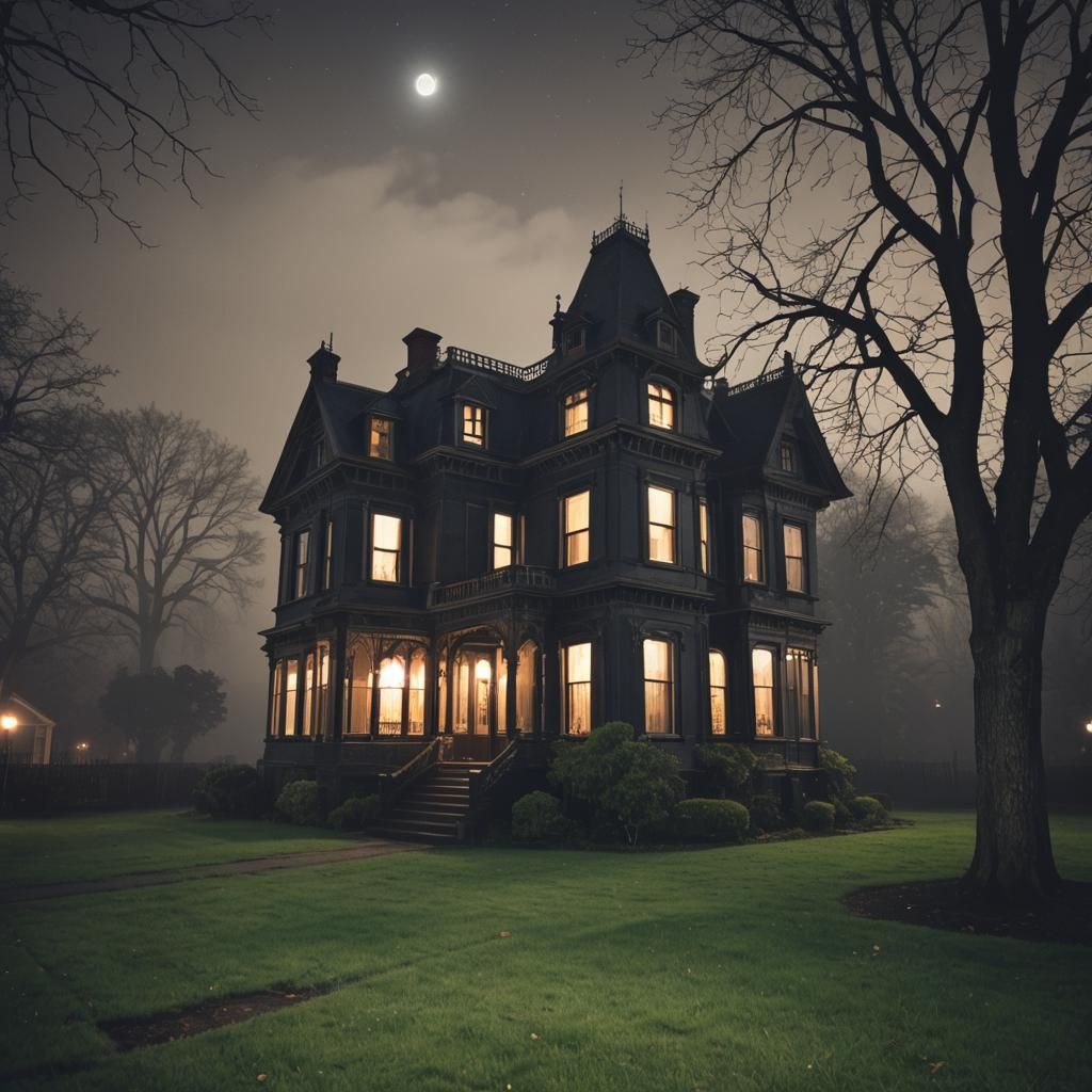 Mysterious Nocturnal Victorian Mansion in Moonlight