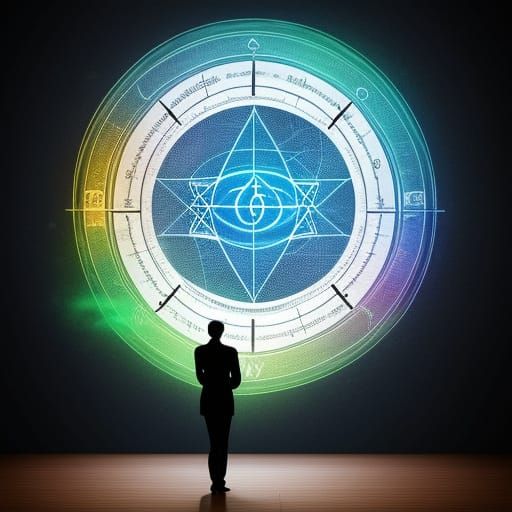 A student consults a magical glyph that has a mathematical equation on it.