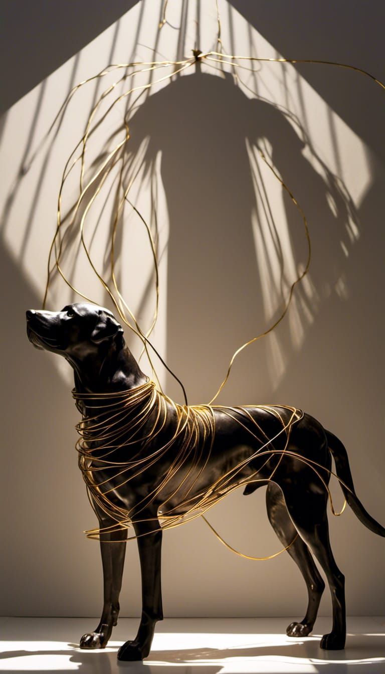Two-Headed Wire Dog in Art Gallery with Strong Shadows