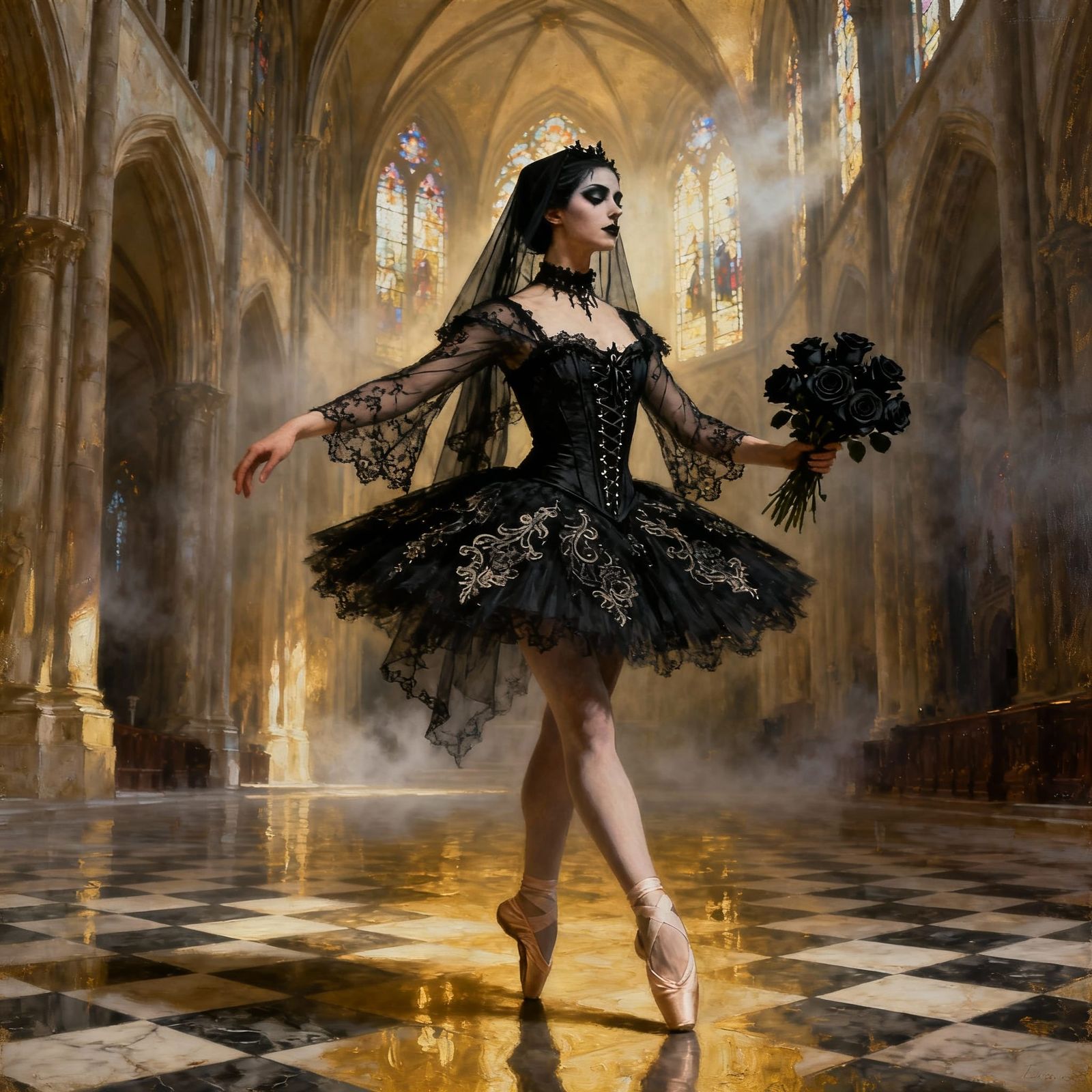 Gothic Ballerina in Grand Cathedral - Hyperrealistic Digital...
