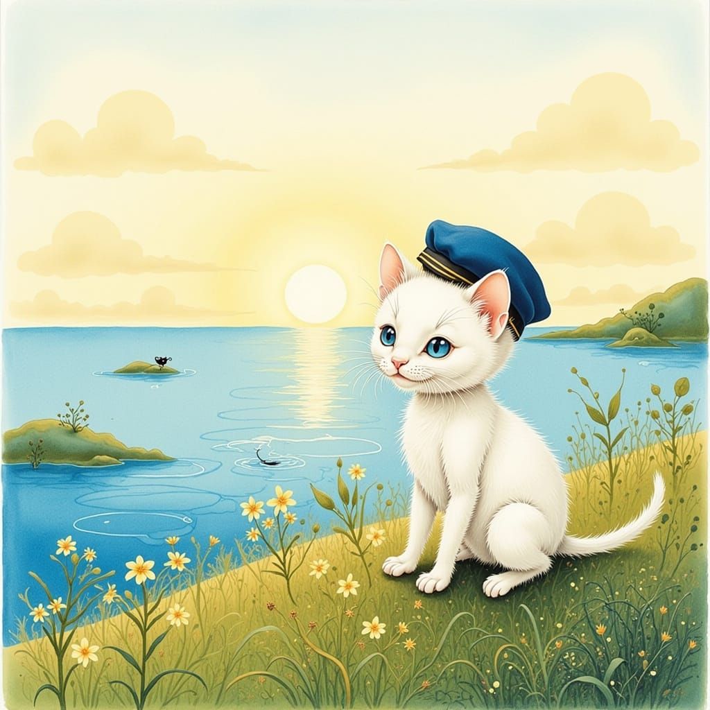 Fluffy Kitten in Sailor Hat Overlooking Ocean