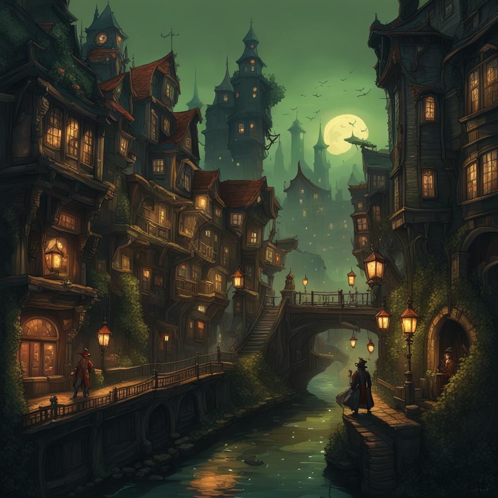 Steampunk City Street at Night with Neon Lights