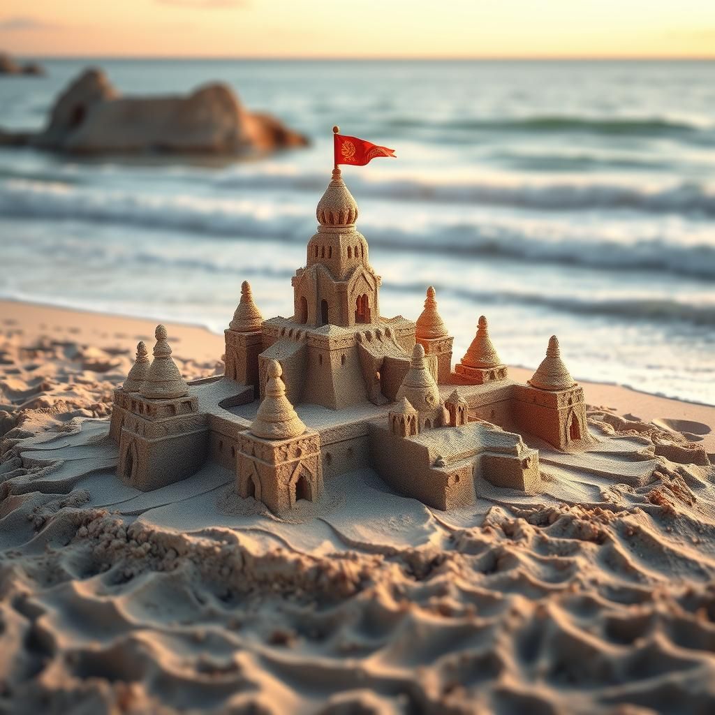 Detailed Sandcastle on Beach with Volumetric Lighting