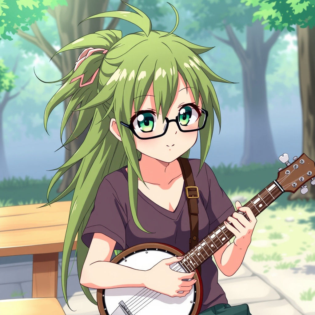 Anime Girl with Banjo at Picnic, Manga Style