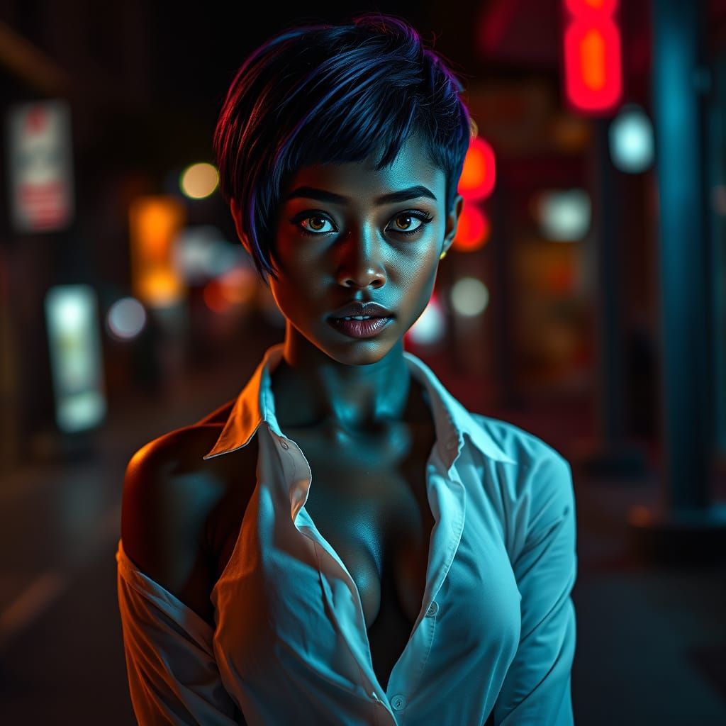 Dark Skin Tomboy with Glowing Eyes at Night