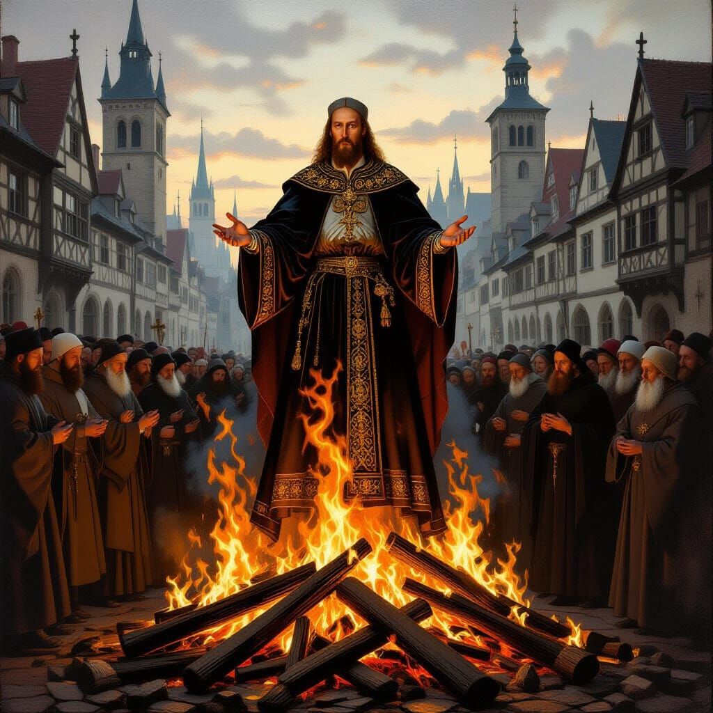 Jan Hus Burning in Constance: A Realistic Oil Painting