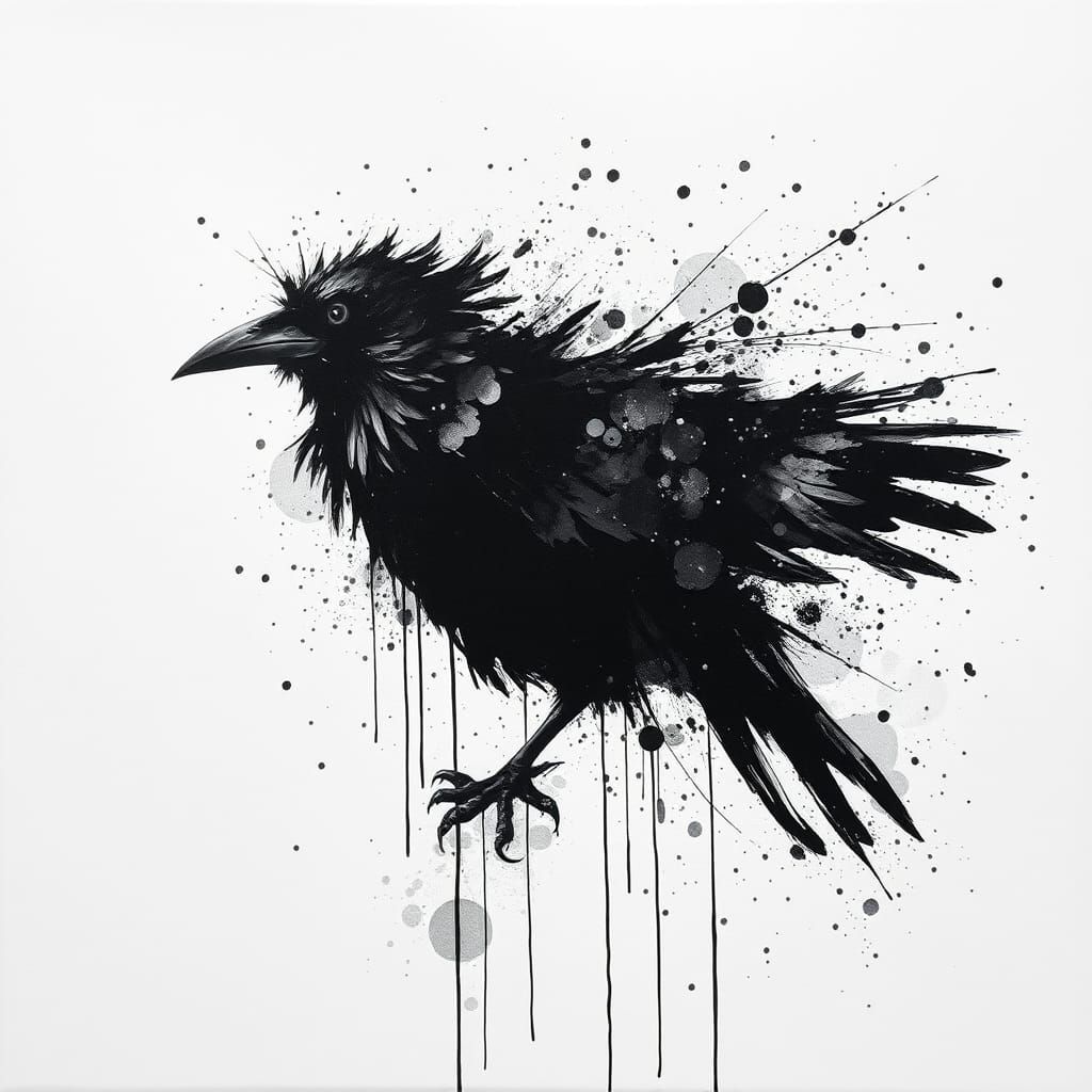 Abstract Raven in Monochrome Ink Splatters, Surrealism