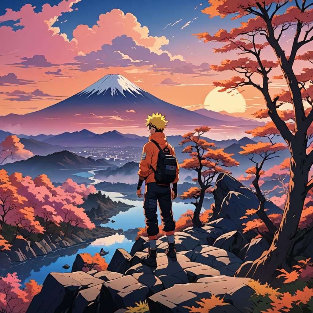 Naruto Uzumaki Climbs Mount Fuji in Anime Style