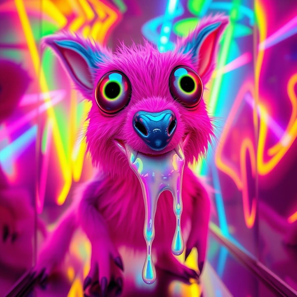 Surreal 80s Cartoon Creature in Funhouse Mirror