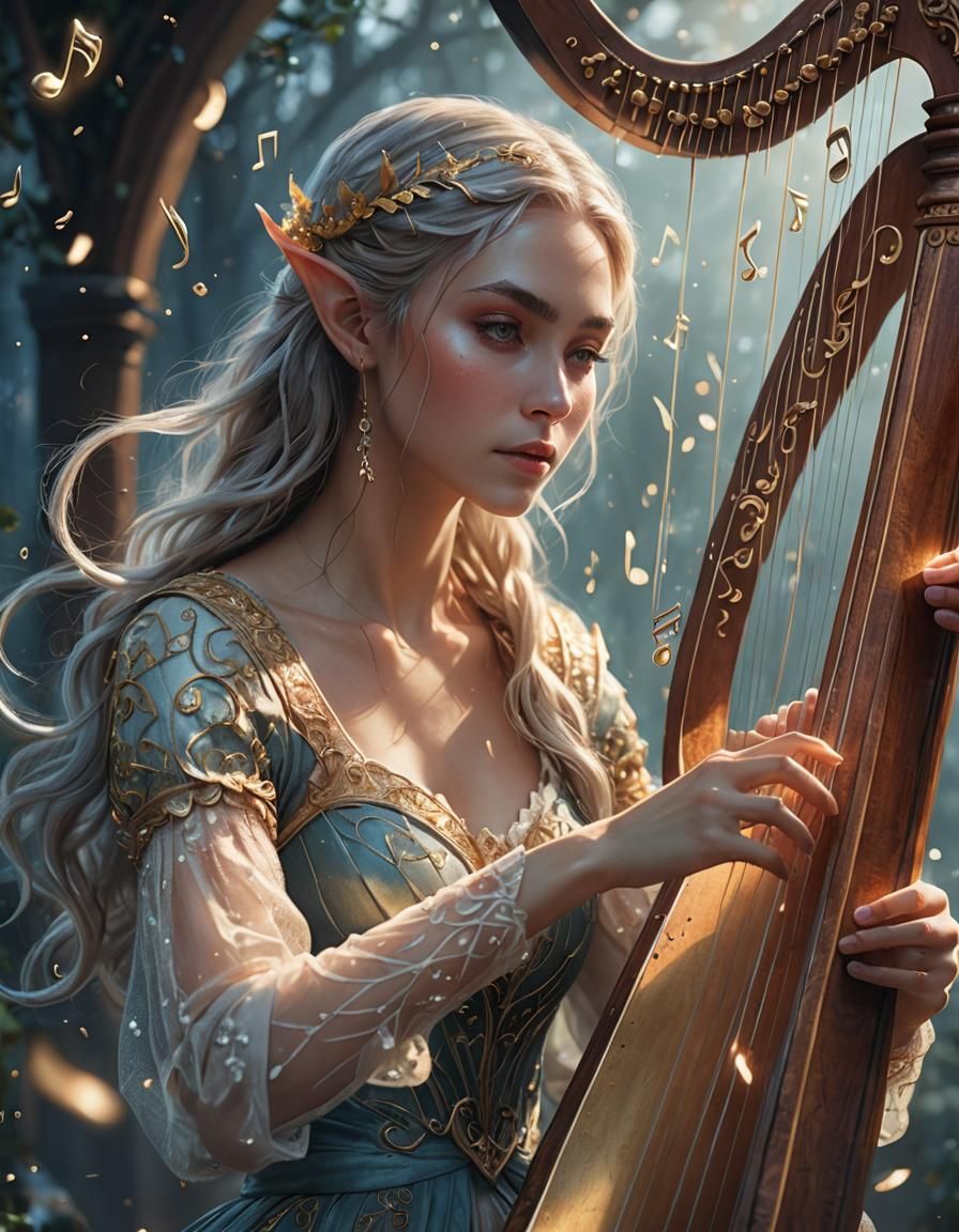 Ethereal Elf Harpist in Surreal Digital Art