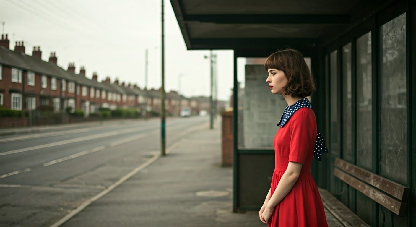 1960s British Film Scene: Woman at Empty Bus Stop