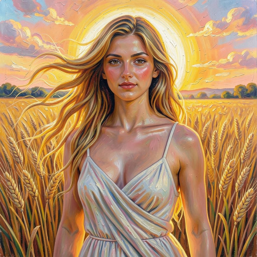 Golden Hour Portrait of a Grecian Woman in Wheat Field
