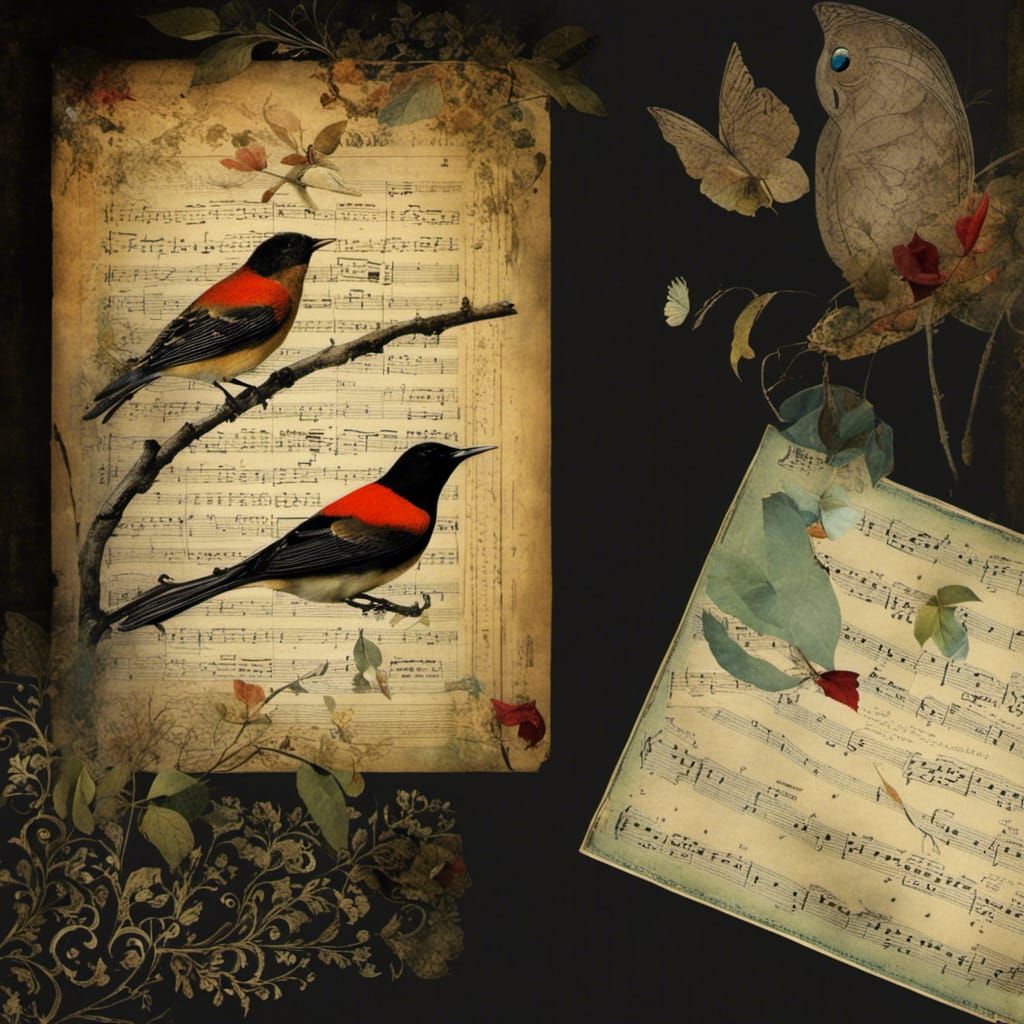 Surreal Bird Collage with Music Sheets and Maps