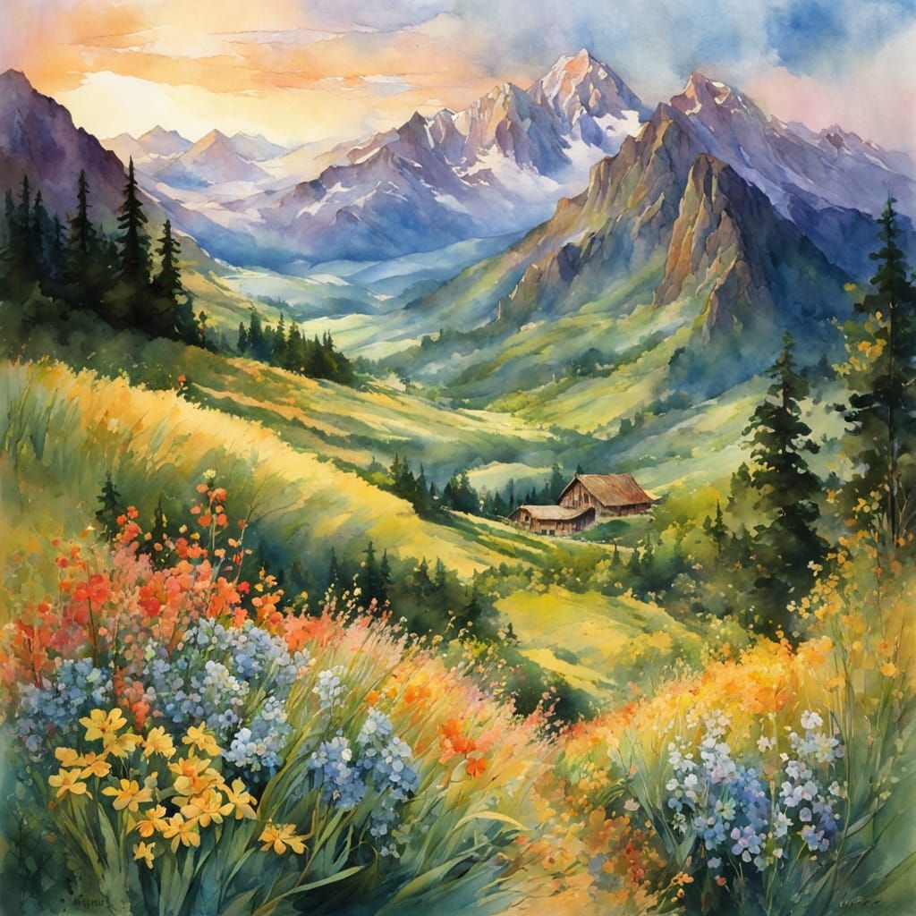 Colorful Mountain Valley Landscape in Manga Style