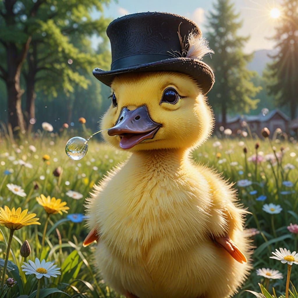 Duckling Waltzing with Dandelion Seed as 3D Cartoon