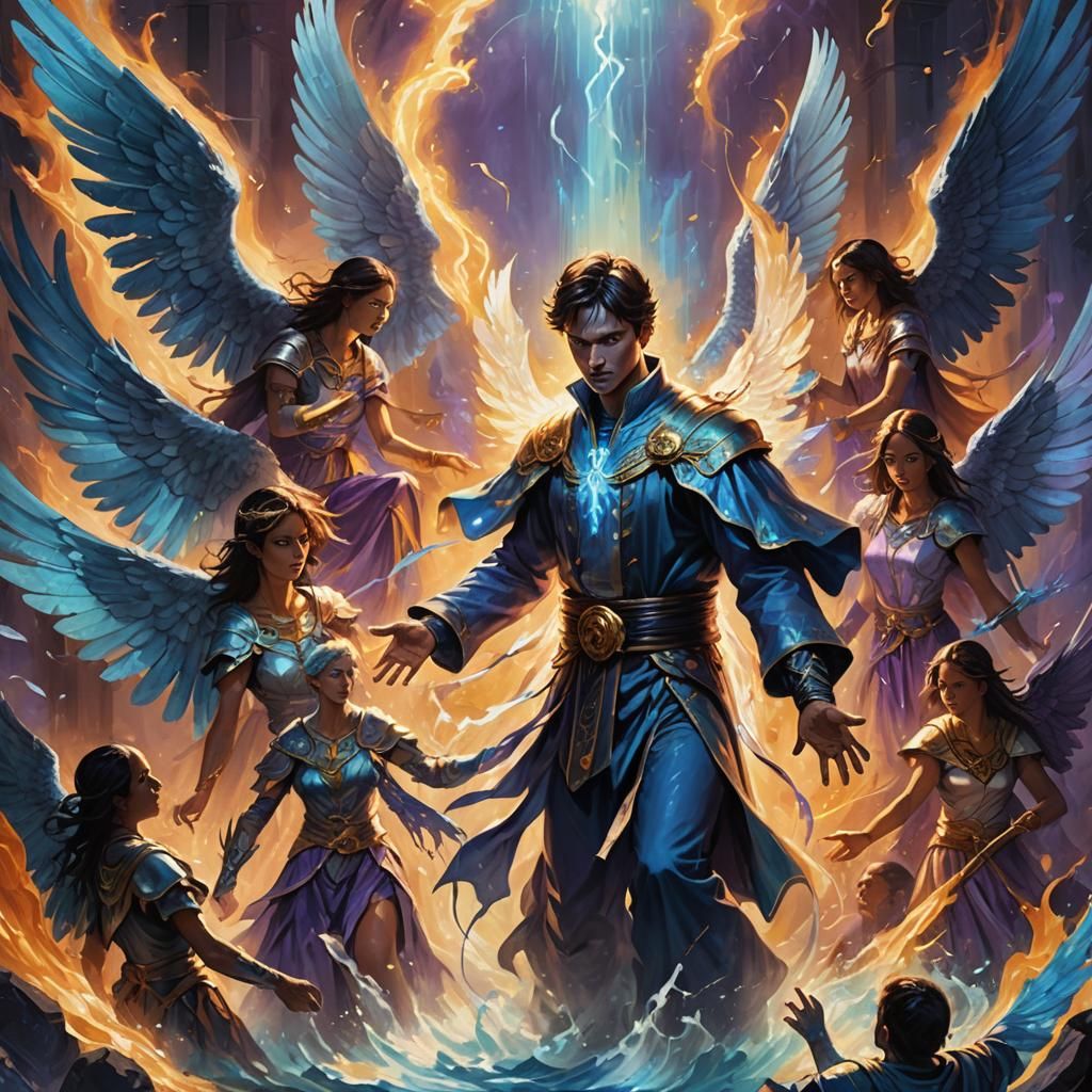 Exorcist and Angelic Warriors in Vibrant Digital Art