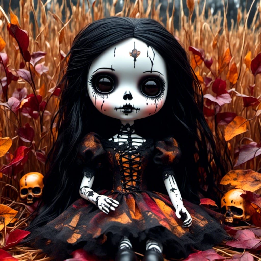 Gothic Doll in Autumn Cornfield: Graffiti Art