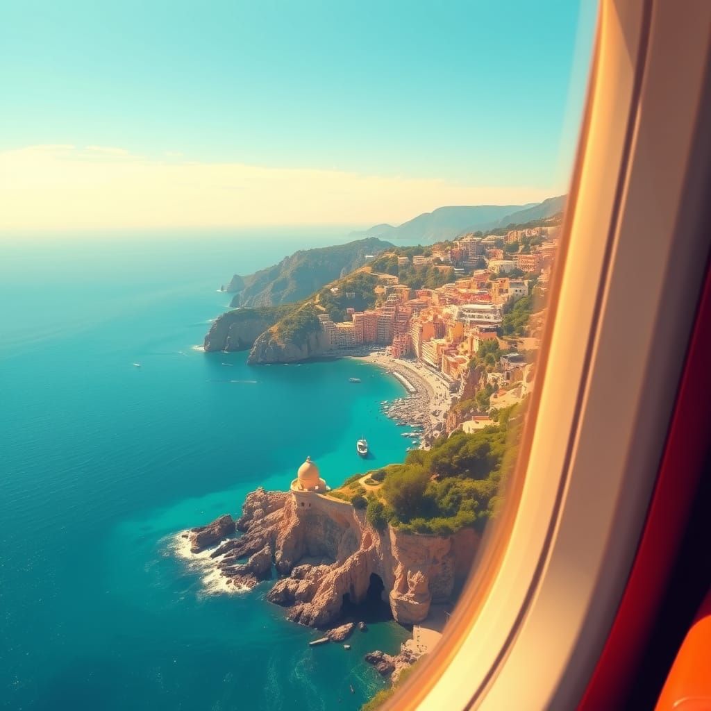 Amalfi Coast Airplane Window View in Stylized Art