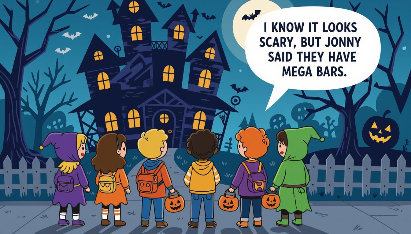 Cartoon Halloween Scene: Trick-or-Treaters at Haunted House