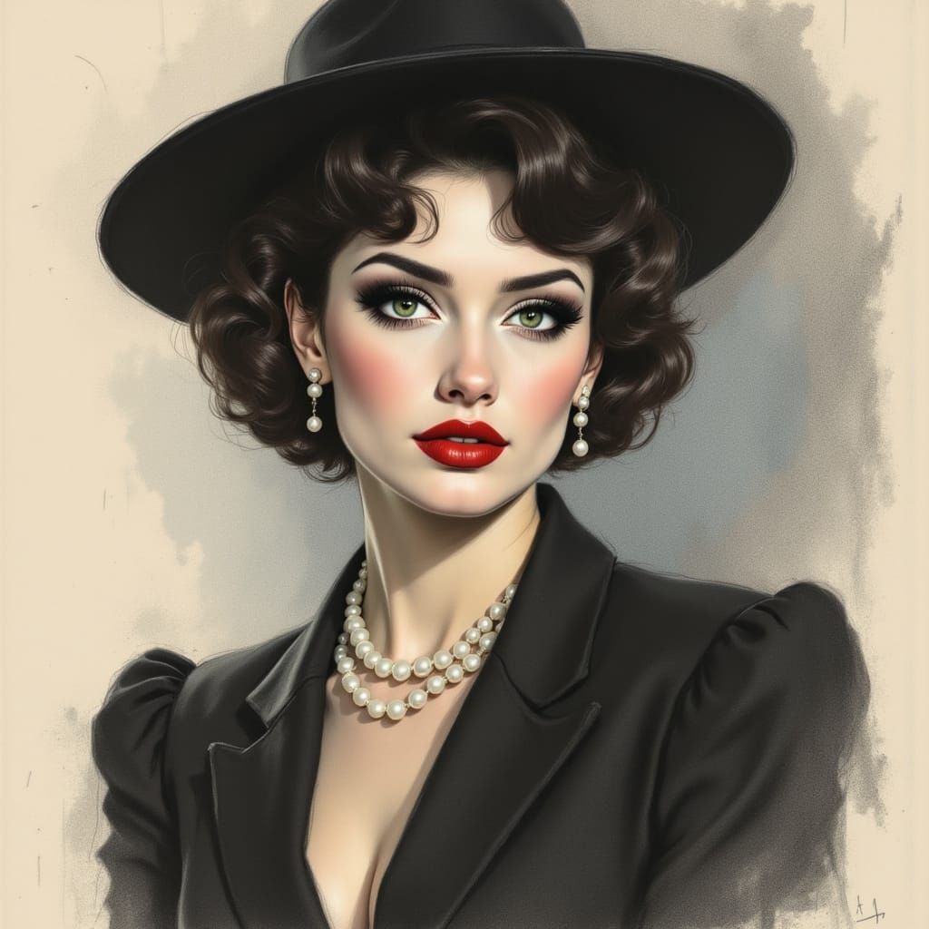Vintage Portrait of Elegant Woman in Fedora and Pearls