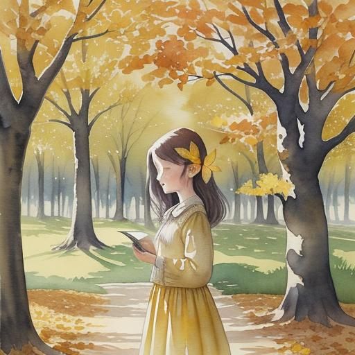 Watercolor Painting of Girl with Butterflies in Autumn