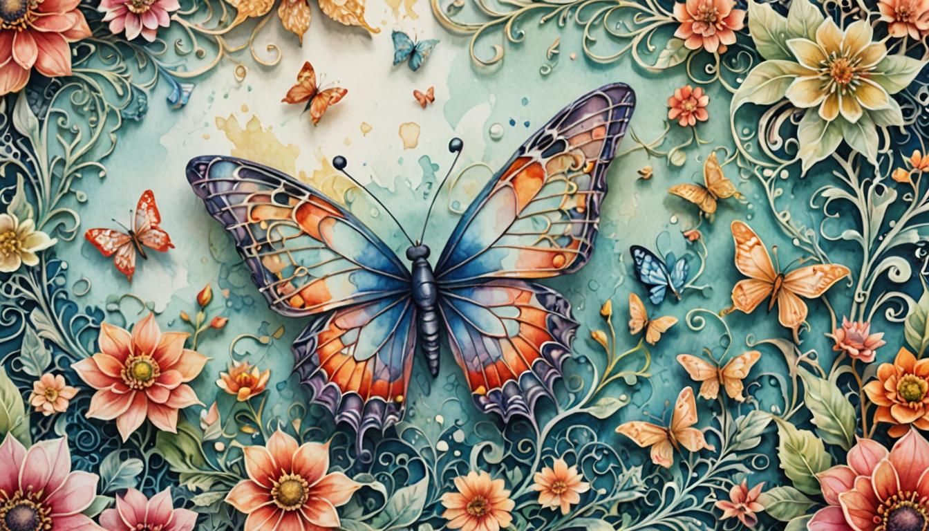 Delicate Butterfly Watercolor with Lace and Flowers