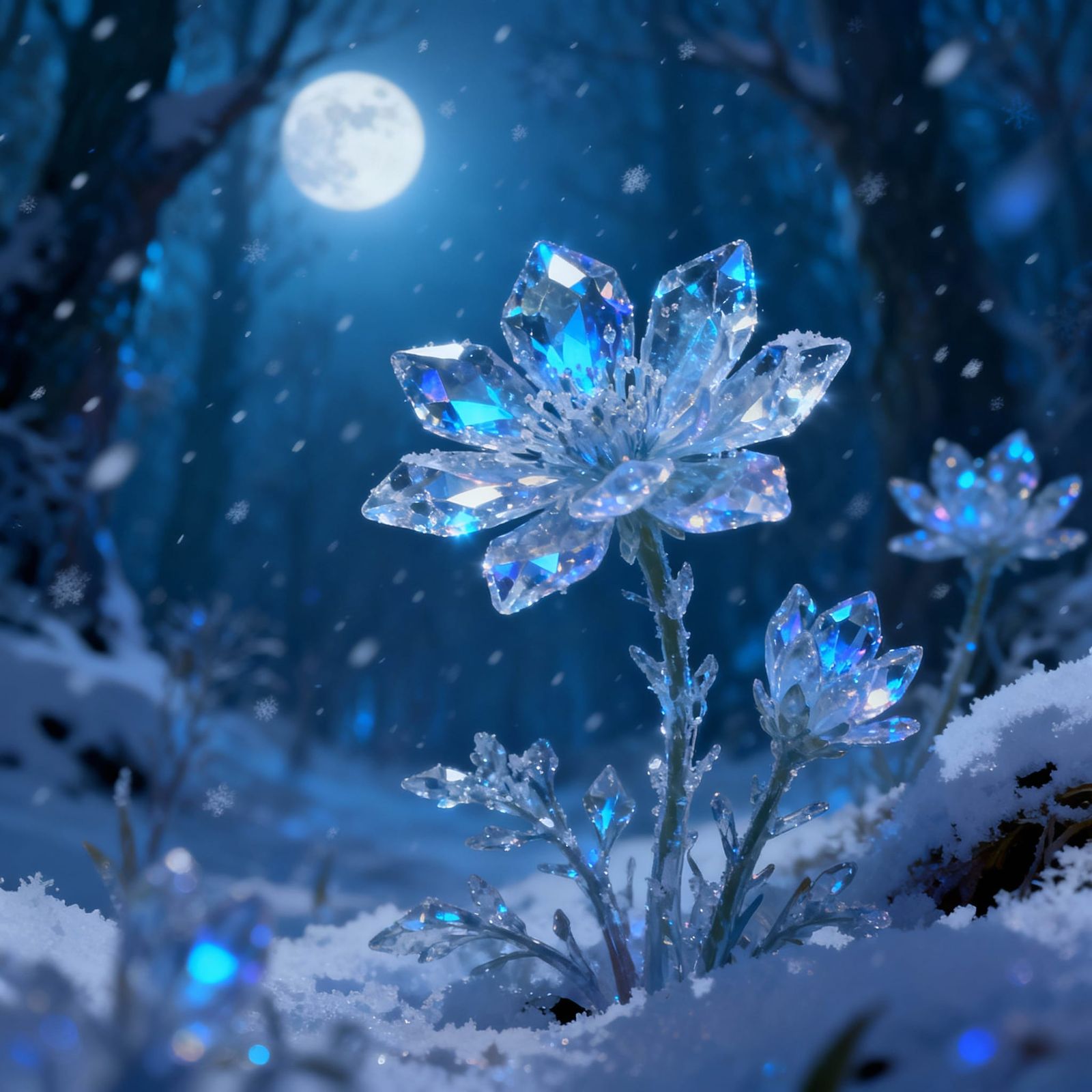 Ethereal Ice Flowers in Moonlit Forest