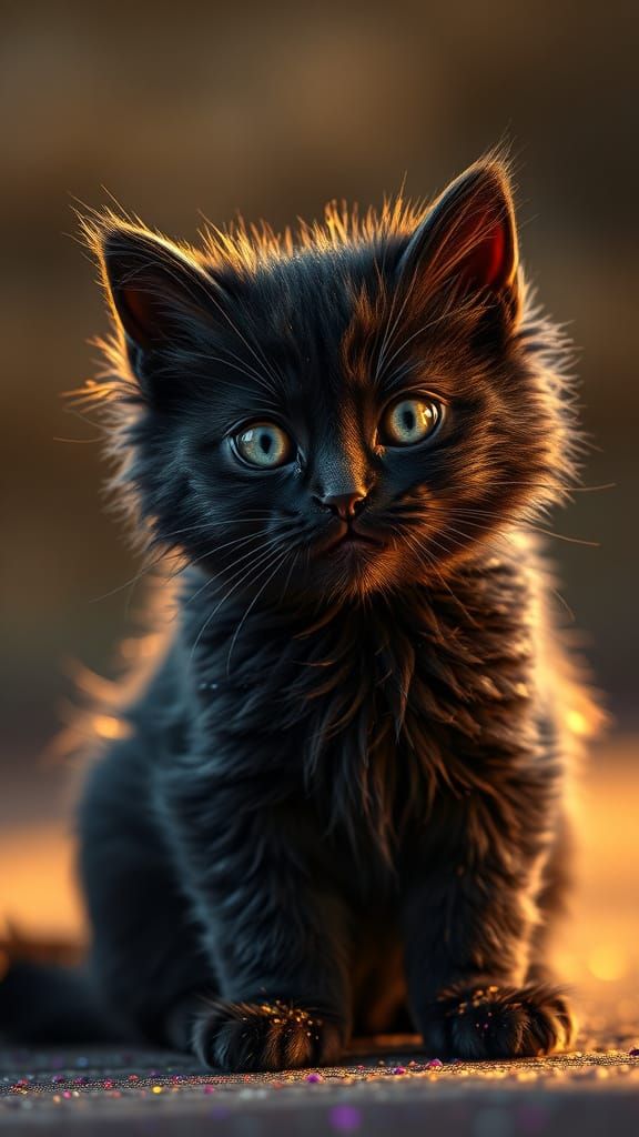 Cute Fluffy Black Kitten with Gold Glitter