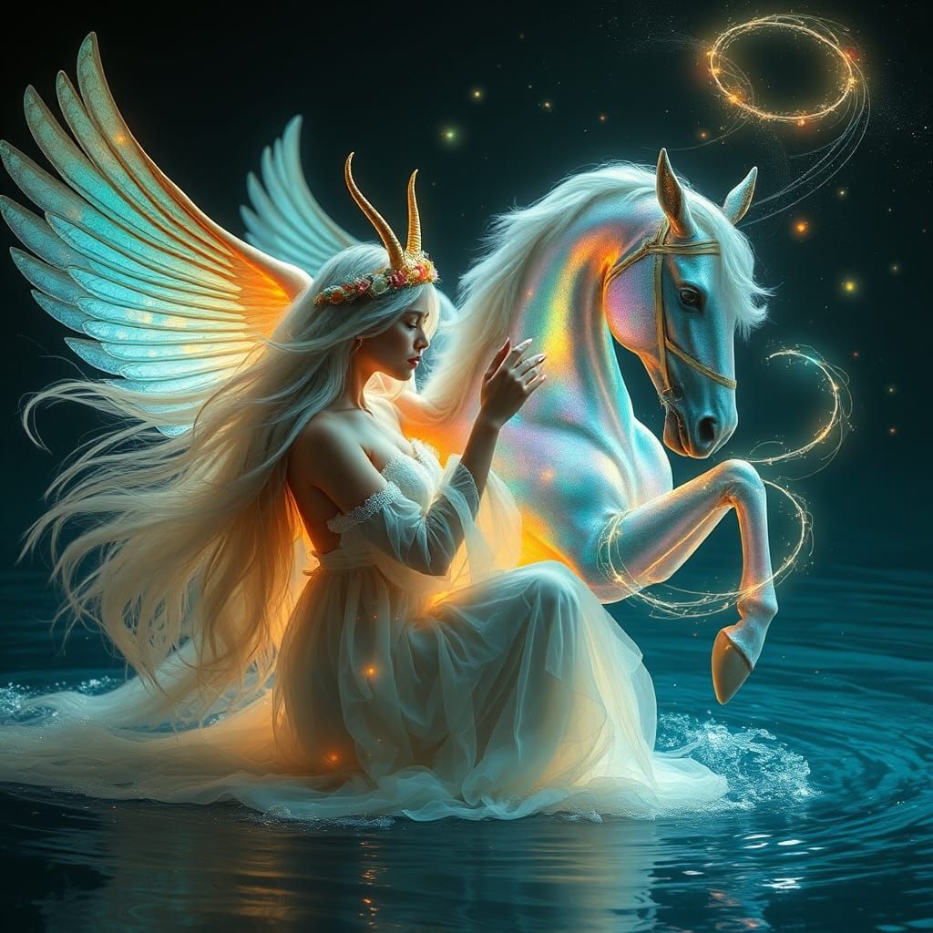 Enchanted Woman with Pegasus in Dreamlike Setting