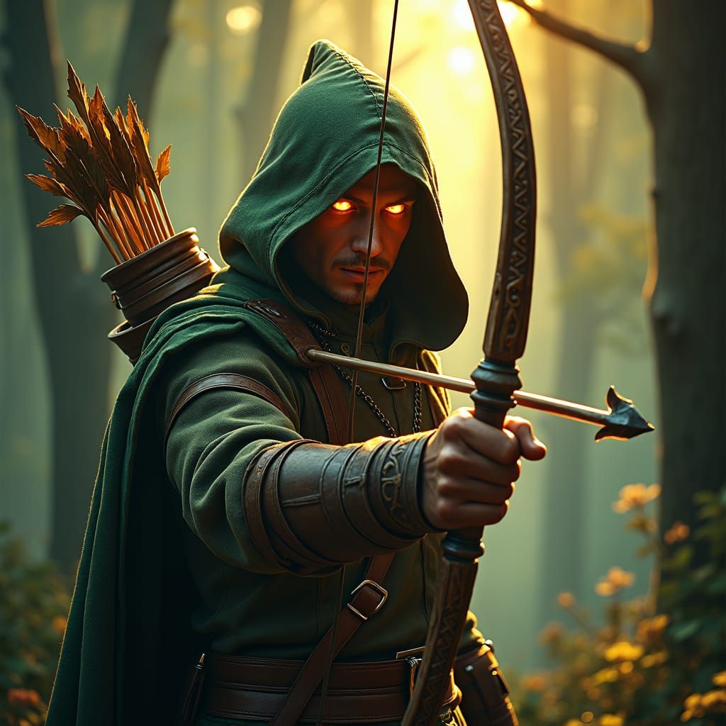 Robin Hood in Mystical Forest with Glowing Eyes