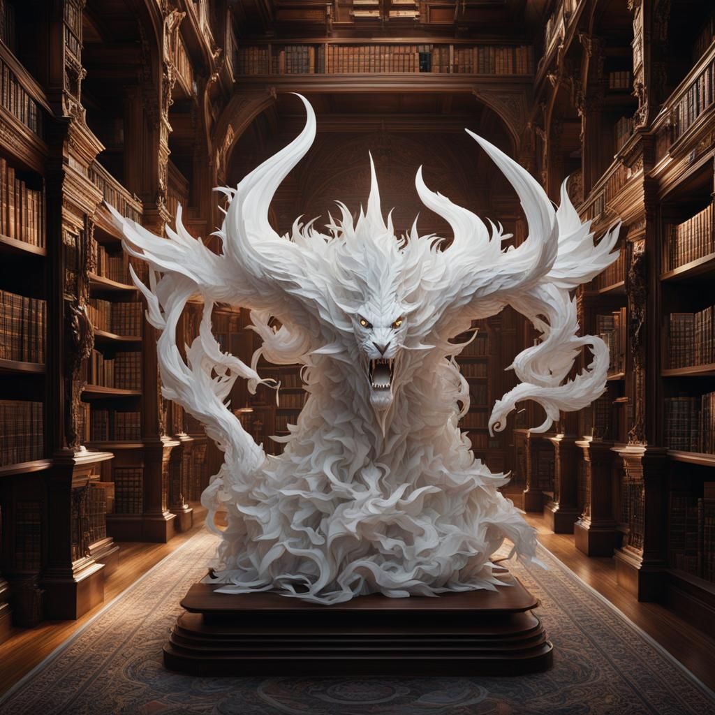 Paper Demon Sculpture in Library: Digital Matte Painting
