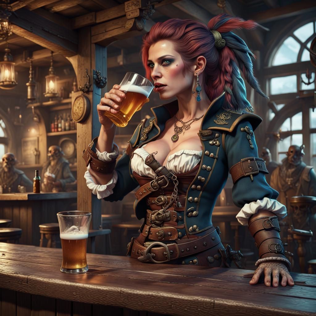 Punk Rock Pirate Woman in Tavern, Detailed Digital Art
