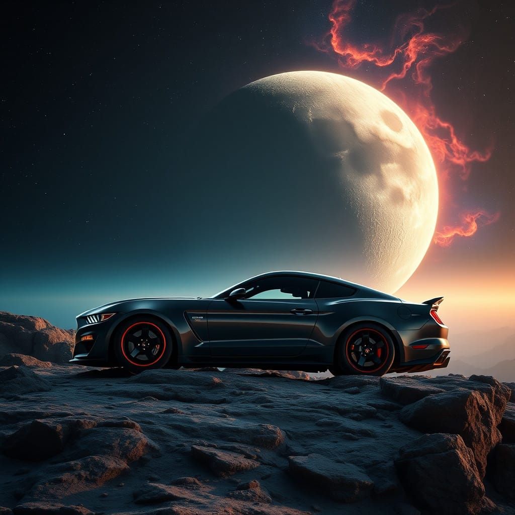Sleek Black Mustang Shelby Cobra in Extraterrestrial Landsca...