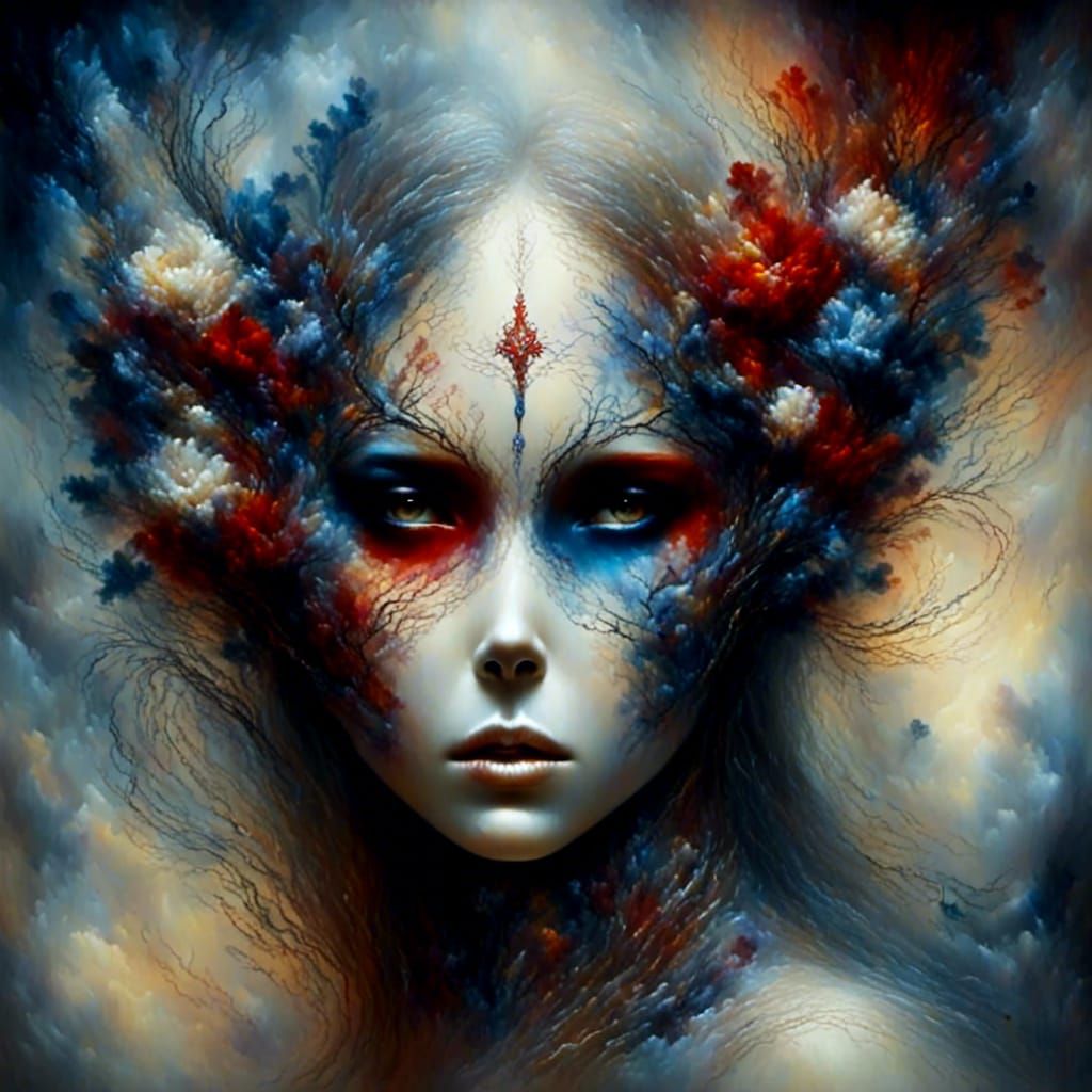 Skull Portrait with Lace Snakes in Abstract Style