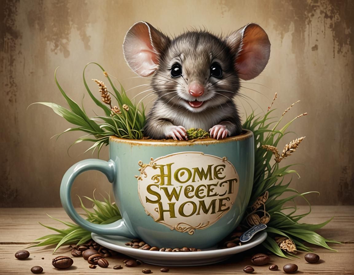 Happy Mouse in Mug with 'Home Sweet Home'