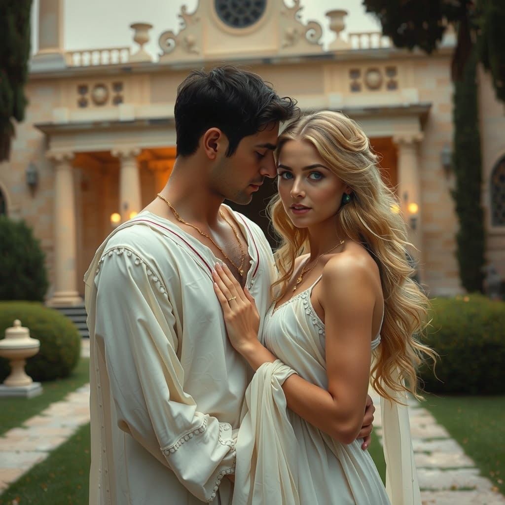 Roman Villa Summer Night Scene with Blonde Goddess and Young...