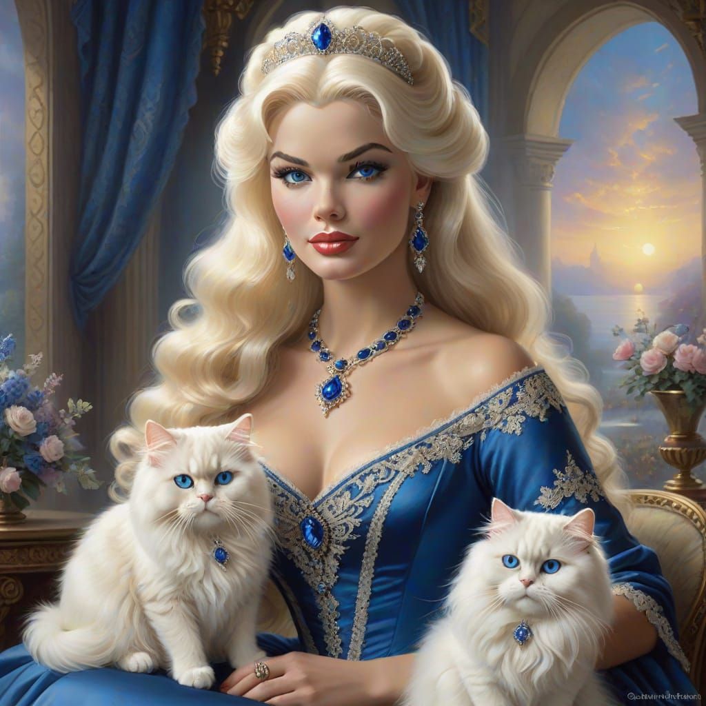 Majestic Queen Surrounded by Felines in Renaissance Fantasy