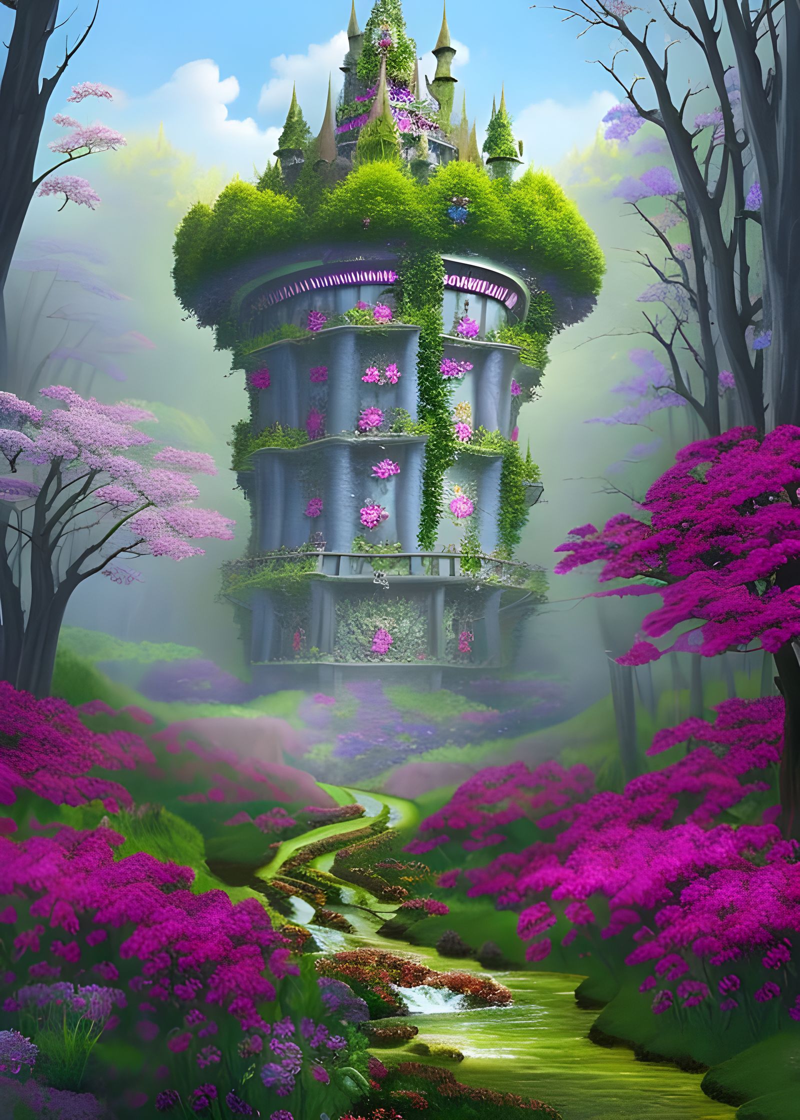 Enchanted Elven Tower in a Flower-Filled Woodland