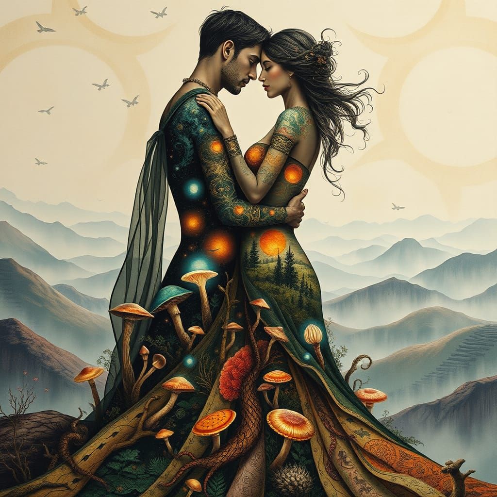 Surreal Figures Embrace Dreamlike Mindscape in Mixed Media