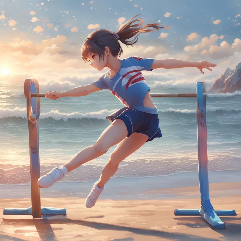 A young pretty girl doing gymnastics by the beach By artist ...
