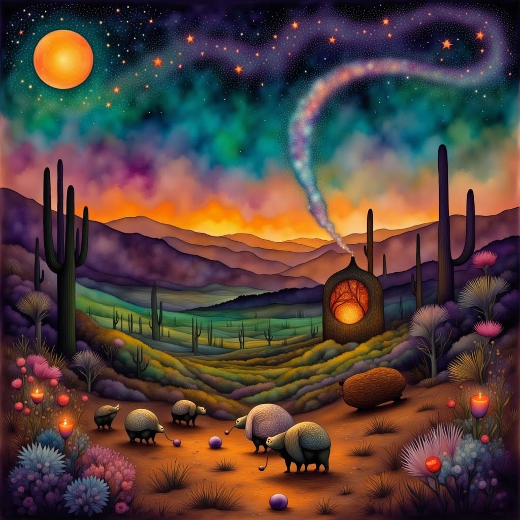 Armadillo Procession to Chile Altar in Desert Twilight